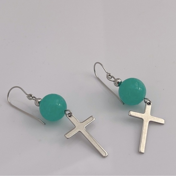 Jade Beaded Dangle Earrings with Cross Charms - Picture 12 of 12